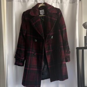 Sam Edelman Burgundy and Black Plaid Double-Breasted Pea Coat